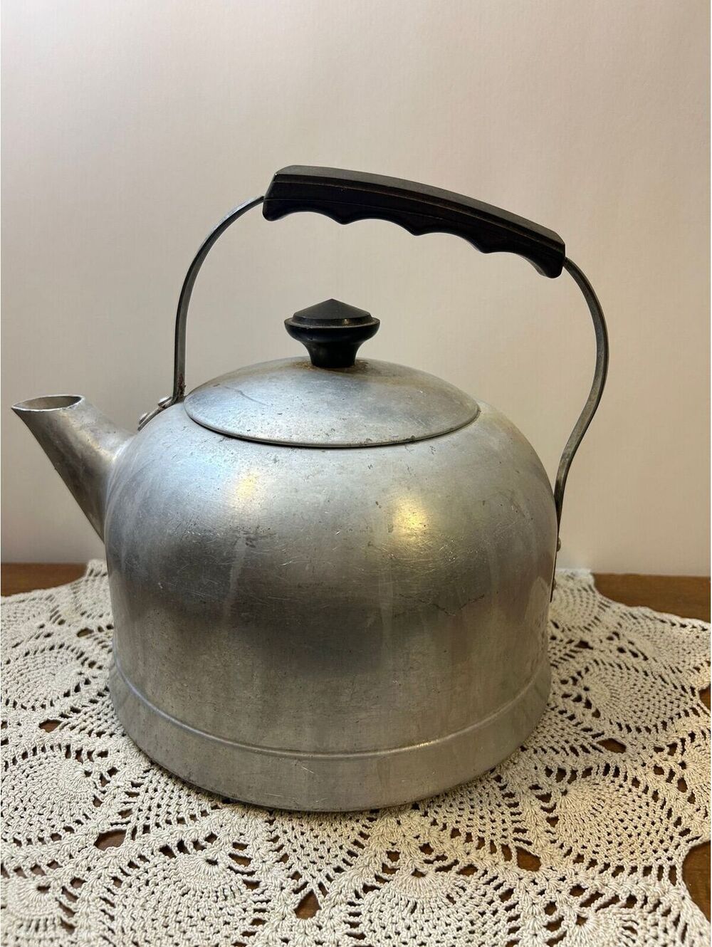 Vintage Aluminum Tea Kettle with Black Handle and Lid Knob